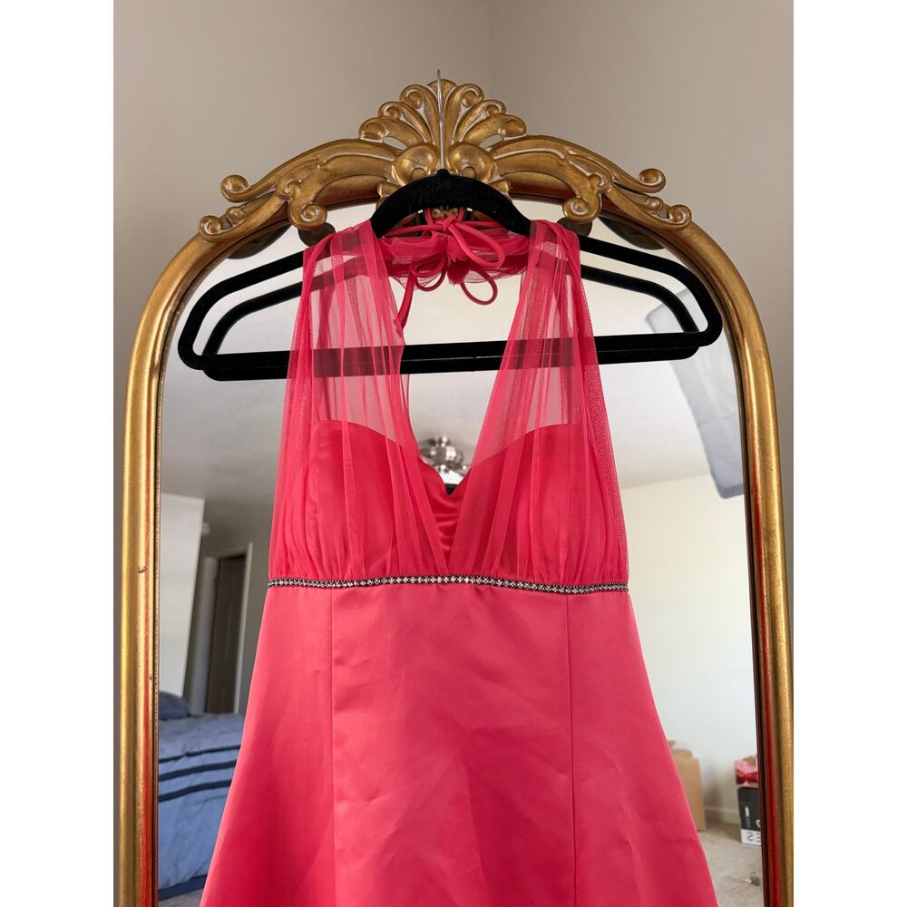 Vintage Y2K 90s Onyx Nite Pink Sheer Rhinestone Halter Dress - Picture 3 of 14